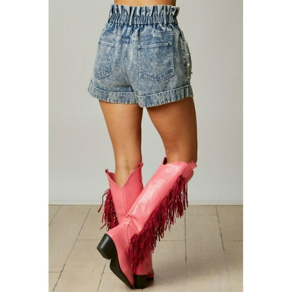 Pearly Girly Era Pearl Paperbag Shorts in Denim - Picture 6 of 7